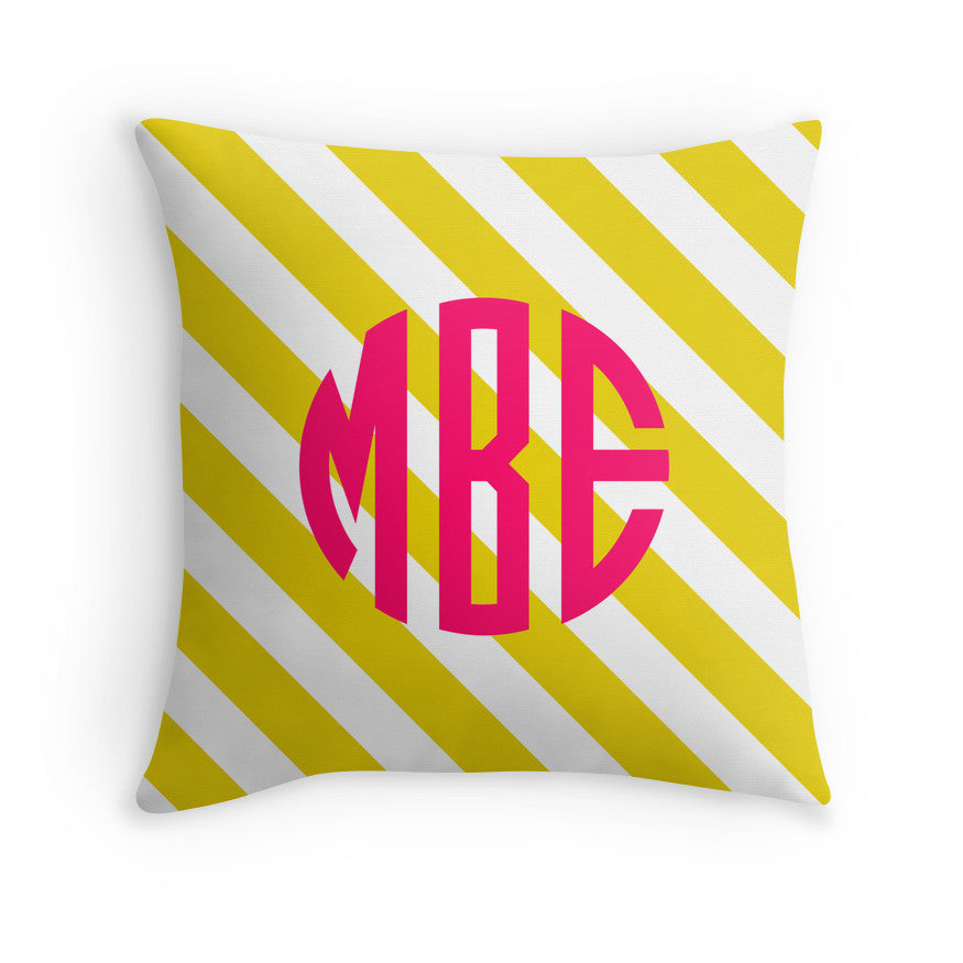 Pink Yellow Stripe Monogram Throw Pillow